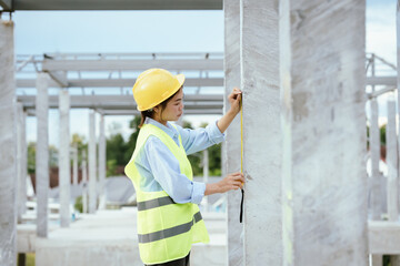 Young female architect in hardhat, reflective clothing, examining construction site indoors, planning and developing structures, professional, confident, standing, smiling.