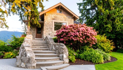 Obraz premium A stone home with a lush garden, featuring winding steps and vibrant pink rhododendrons, bathed in the soft evening light, showcasing a beautiful landscape design.