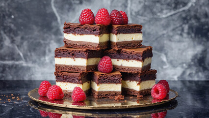 Brownies tower with cottage cheesecake and raspberries illustration. Ai generated.