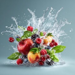 clean water splash with ripe fruits and foliage