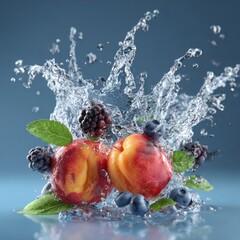 clean water splash with ripe fruits and foliage