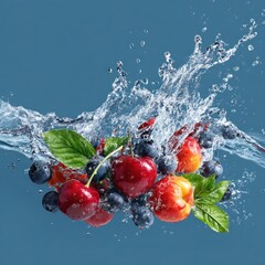 clean water splash with ripe fruits and foliage
