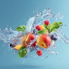 clean water splash with ripe fruits and foliage