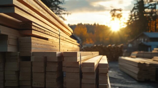 Evening light illuminates stacked wooden planks at a lumber yard in autumn, showcasing nature's colors and craftsmanship
