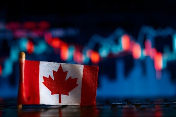 Canadian flag with a stock market chart background, showcasing Canadian financial news and analysis on a digital screen. 