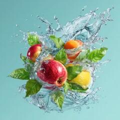 clean water splash with ripe fruits and foliage
