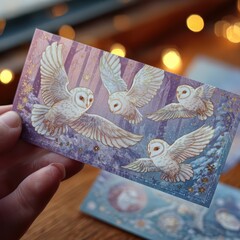 Whimsical Owl Illustration with Soft Bokeh Background and Sparkles