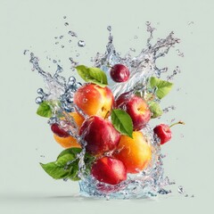 clean water splash with ripe fruits and foliage