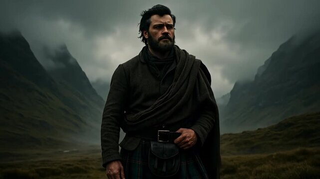 Rugged Highlander in Traditional Garb Standing Firm in a Dramatic, Misty Mountain Valley