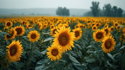 Obraz premium Sunflower field on a foggy day
