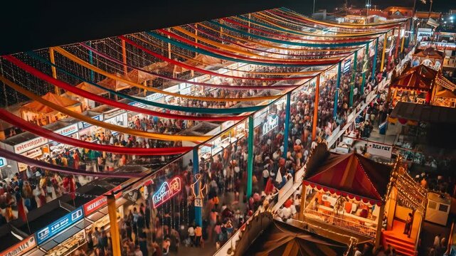 Vibrant navratri durga puja festival celebration at night with crowds and colorful decorations india hindu tradition