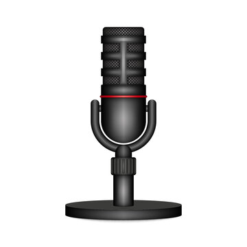 Realistic studio black microphone on stand vector 3d model isolated on white background, podcast and broadcasting mic illustration for audio recording, music production, radio, and live streaming.