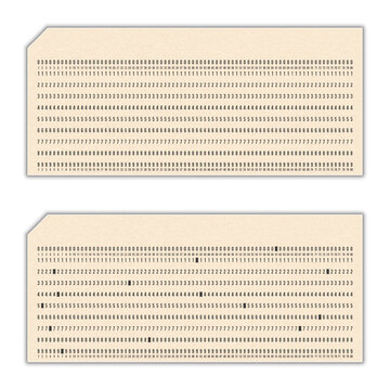 Vintage realistic computer punched cards blank and with holes numeric codes isolated on white background top view, retro data storage and processing technology, coding and early programming system.