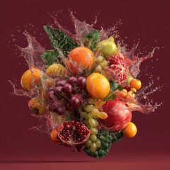 dynamic splash of fruits and foliage isolated