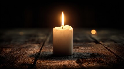 Single candle on weathered wood