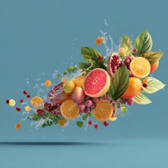 dynamic splash of fruits and foliage isolated