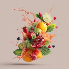 dynamic splash of fruits and foliage isolated