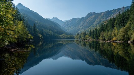 Serene mountain lake reflecting a calm sky