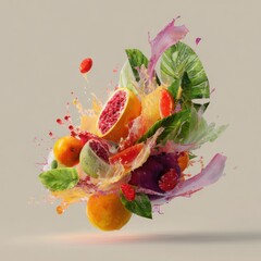 dynamic splash of fruits and foliage isolated
