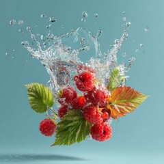 falling berries and leaves water splash concept