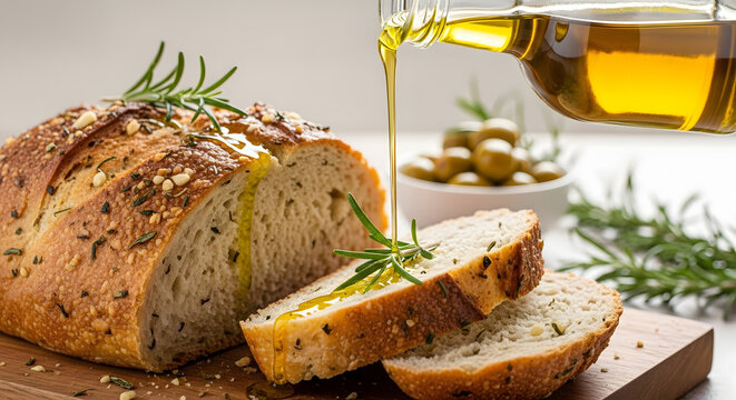 Artisan bread with herbs, sliced and drizzled with olive oil, with olives in background