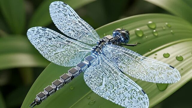 A biomechanical dragonfly robot with transparent crystal wings resting on a lush green plant leaf.
