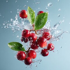 falling berries and leaves water splash concept