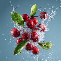 falling berries and leaves water splash concept