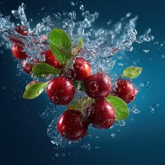 falling berries and leaves water splash concept