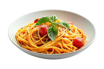 Delicious spaghetti with tomatoes and basil in white bowl, italian cuisine, pasta dish, food photography isolated on transparent background