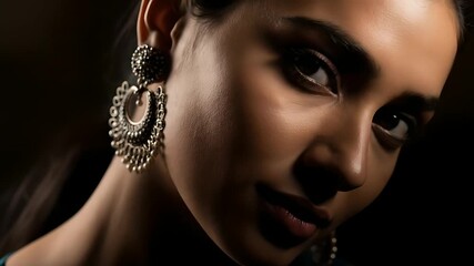 Elegant woman's confident gaze. Jewelry close-up. Perfect for beauty, fashion, and cultural projects. Captures trust, and sophistication for marketing, branding, and editorials.