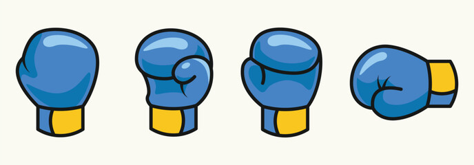 Blue Boxing Gloves in Various Positions with Bright Yellow Accents
