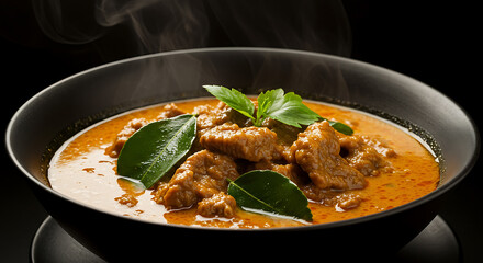 Steaming Bowl of Red Thai Curry with Chicken and Basil