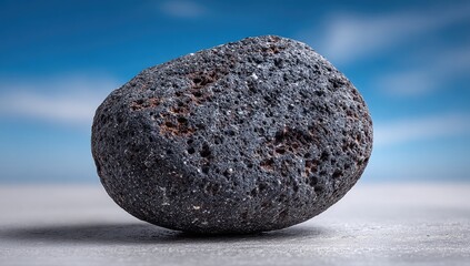 Dark, smooth stone rests on a light surface against a clear sky