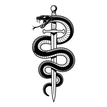 Snake coiled around a sword, isolated on transparent background