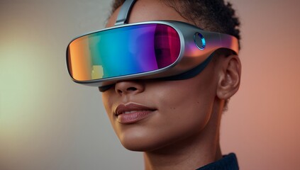 Close-up of the woman wearing a sleek futuristic VR headset featuring reflective rainbow visor, captured indoors under soft ambient lighting with a modern and immersive feel