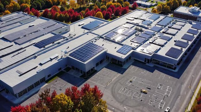 Solar panels cover a large industrial building located in a vibrant autumn landscape