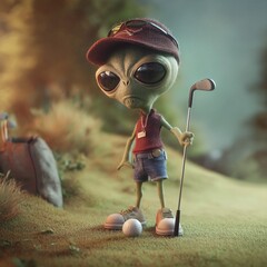 Funny Alien Golfer Cartoon Character: 3D Cute and Whimsical Extraterrestrial in Casual Golfing Attire on a Landscape with Humor and Style