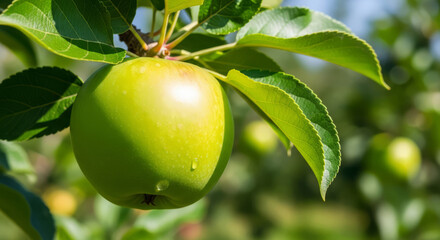 Sun-Drenched Granny Smith Apple on Branch, Vibrant Green, Close-Up.