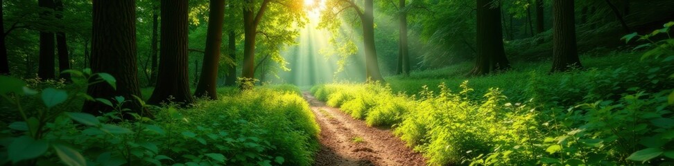Green forest trail bathed in sunlight, dappled shadows, trees, outdoor, woods