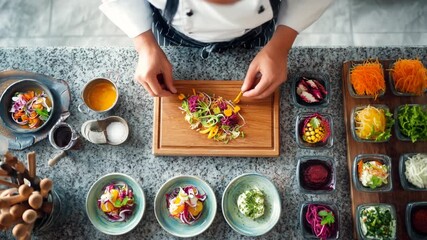 Chef meticulously arranging a colorful array of fresh vegetable dishes on a granite countertop.