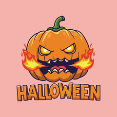 Evil Jack O'Lantern emits fire with Halloween letters. vector illustration