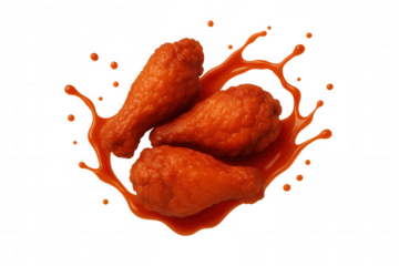 Three delicious breaded chicken wings are covered with splashing orange sauce on a transparent background