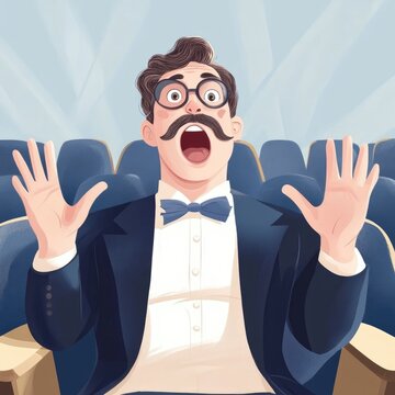 Animated Flat of a Quirky Eccentric Film Critic Character Enthusiastically Giving a Lively Dramatic Theater Performance Review to an Audience
