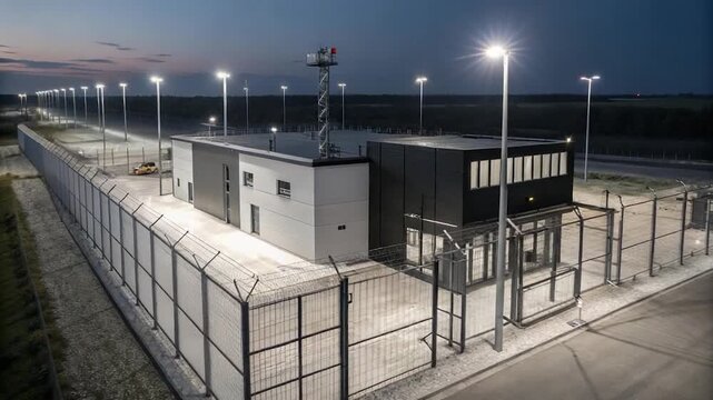High-Security Border Facility with Fencing and Surveillance at Dusk