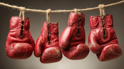 Hanging Red Boxing Gloves in a Gym Setting Showcasing Wear and Tear During Training Sessions