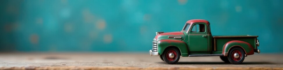 Classic Christmas toy truck on wood, blue backdrop, fun, adorable