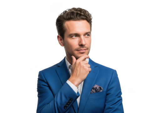 Pensive businessman in blue suit thinking deeply portrait png image, professional man isolated, business concept, isolated on transparent background