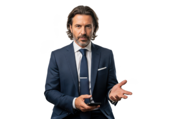 Professional businessman holding smartphone wearing suit posing for camera stock photo portrait isolated on transparent background