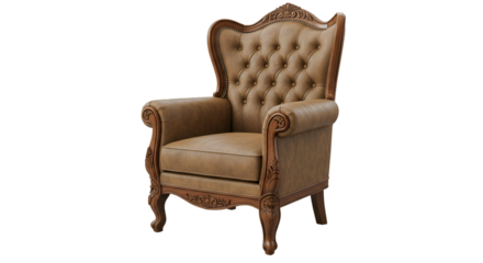 Classic Brown Leather Armchair Isolated on Transparent Background 3D Render